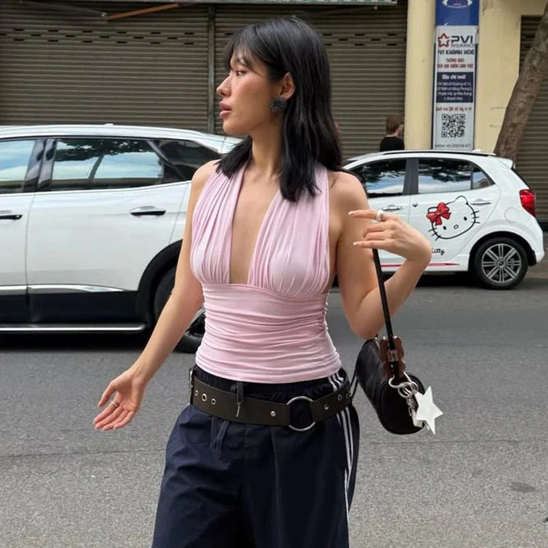 Bauchfreies Tanktop mit tiefem V-Ausschnitt und Schnürung