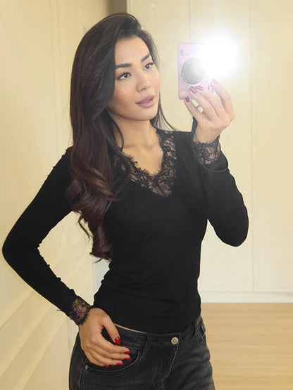 Langarm-Spitzen-V-Ausschnitt Casual Top