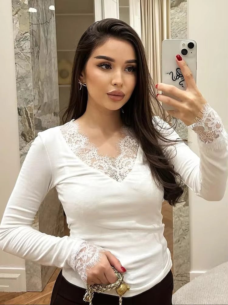Langarm-Spitzen-V-Ausschnitt Casual Top