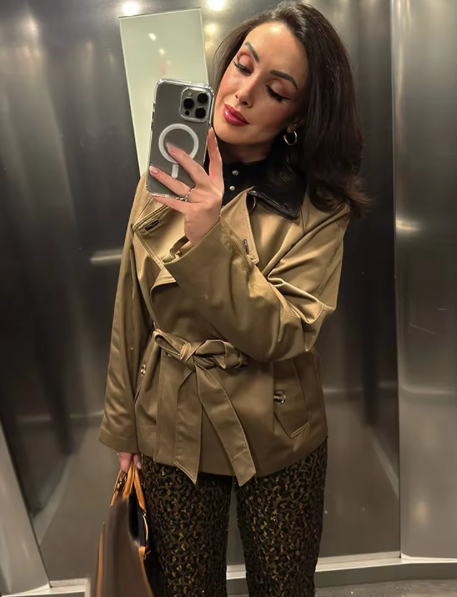 Faux Leather Collar Belted Trench Coat