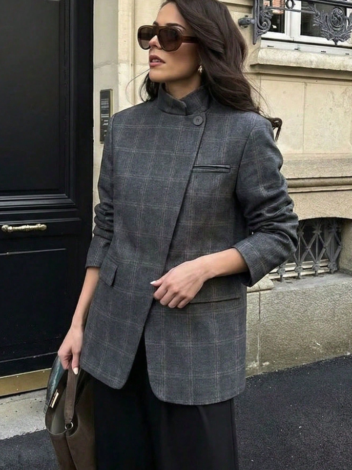 Chic Plaid Stand Collar Blazer