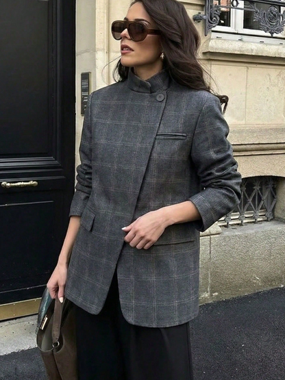Chic Plaid Stand Collar Blazer